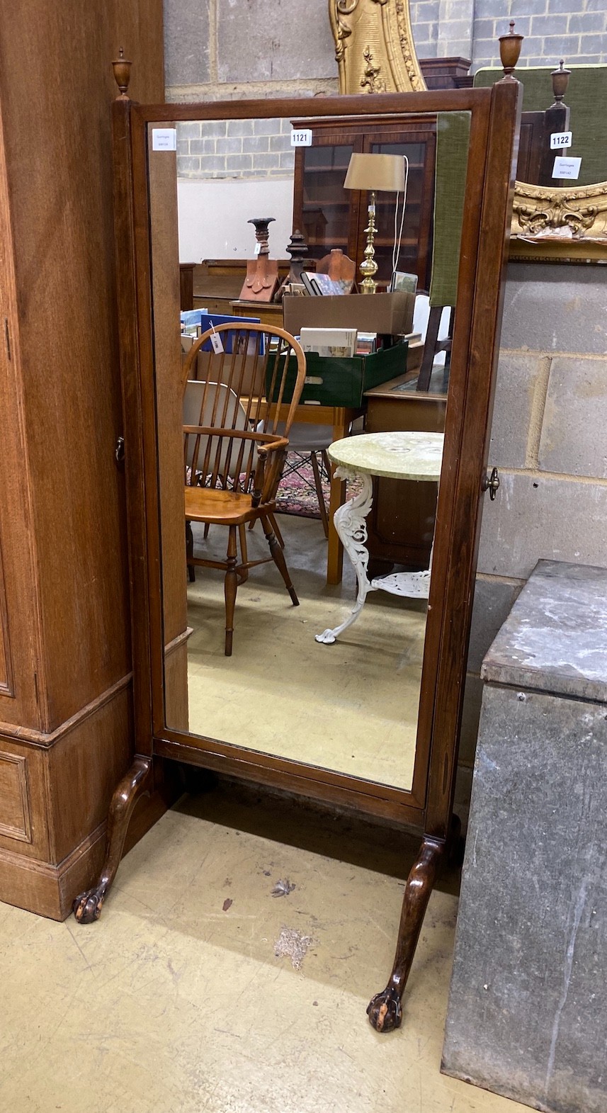 An early 20th century mahogany cheval mirror, width 69cm, height 163cm